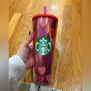 Starbucks Red Tumbler with Heart Patterns
